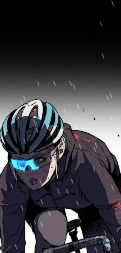 Anime character intensely cycling with helmet and blue visor.