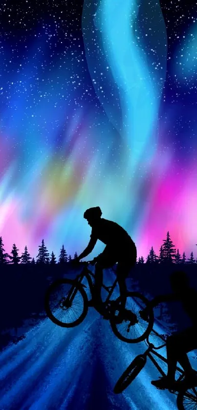 Silhouetted cyclists ride under a vibrant aurora borealis in a starry night sky.