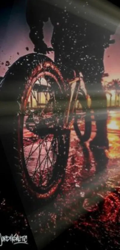 Cyclist riding on beach at sunset, vibrant reflections on wet sand.