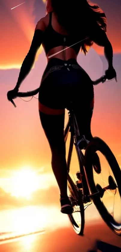 Cyclist silhouette against orange sunset sky.