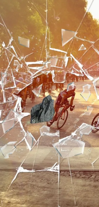 Cyclists racing through shattered glass effect on a vibrant artwork wallpaper.