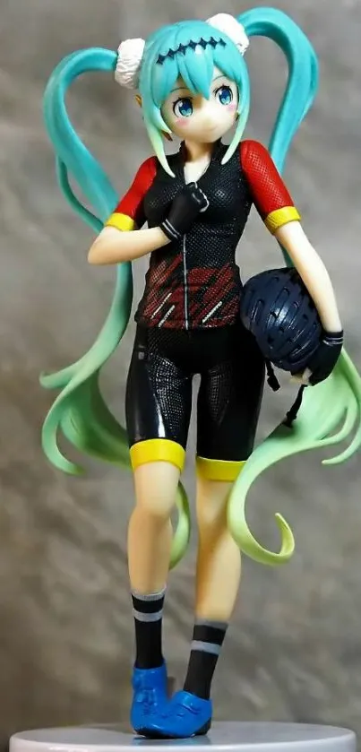 Anime character in cyclist outfit with teal hair on a decorative stand.