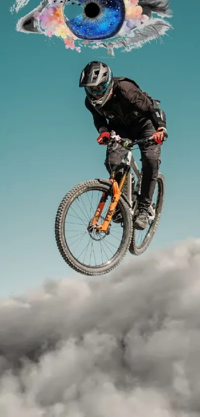 Cyclist riding through clouds beneath a vibrant sky.