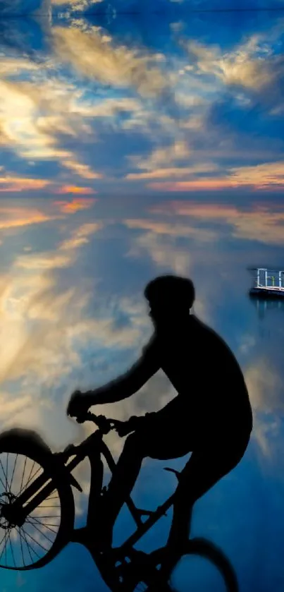 Silhouette of cyclist against a dreamy sunset sky with calm waters below.