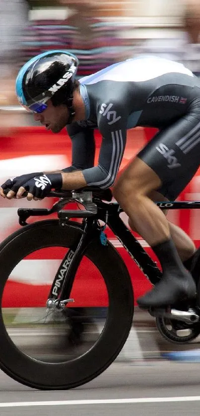 Dynamic cycling race with cyclist in action against red backdrop.