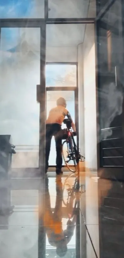 Cyclist reflected in a misty corridor with sunlight.