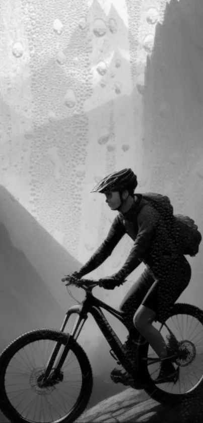 Cyclist rides through misty mountain landscape in grayscale.