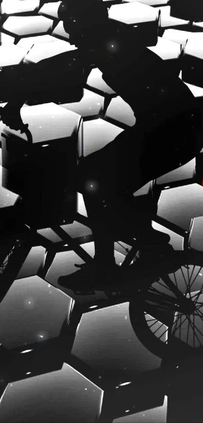 Silhouette of a cyclist with abstract geometric background.