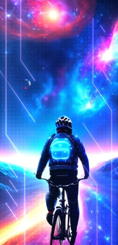 Cyclist rides through neon-lit galaxy with vibrant, colorful cosmic scenery.