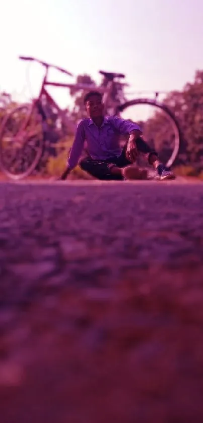 Cyclist sitting on road with purple bike in vibrant landscape.