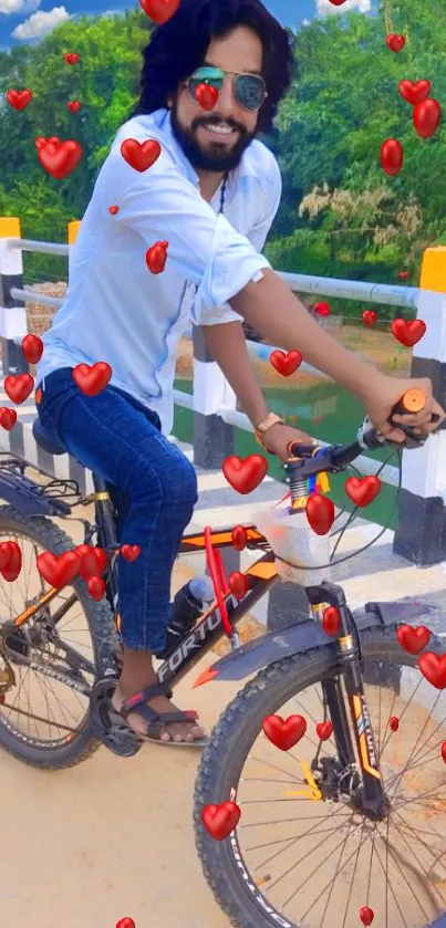 Cyclist biking with floating red hearts.