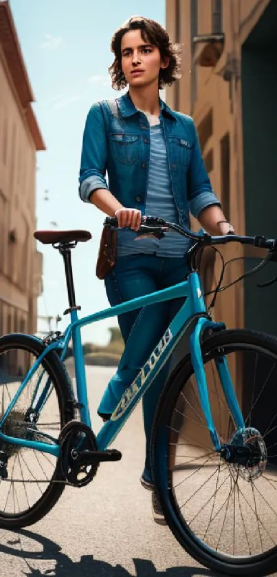 Cyclist in blue jeans poses with teal bike on a sunny street.