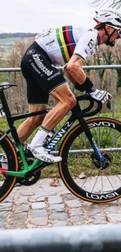 Cyclist racing energetically on cobblestone path.