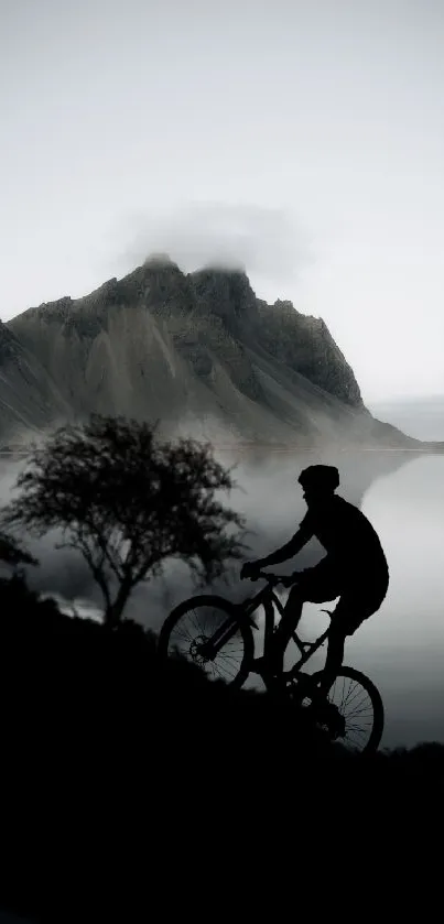 Silhouette of cyclist against mountain and misty landscape.