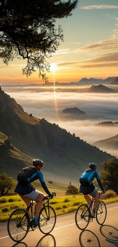 Cyclists ride through a scenic mountain landscape at sunrise.