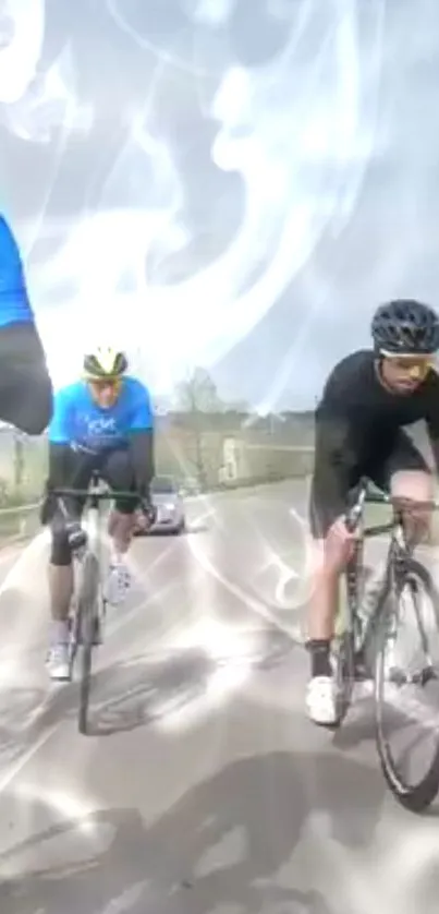 Cyclists riding on a scenic road with a cloudy background.