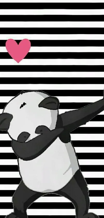 Dabbing panda with heart on striped background.