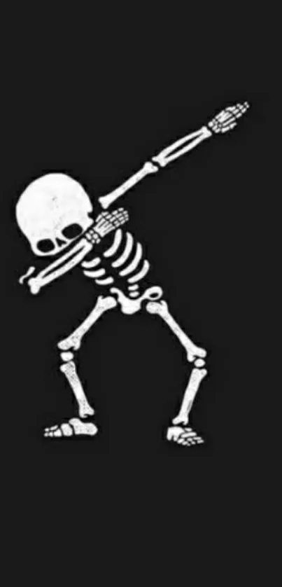 Dabbing skeleton on a black wallpaper design.