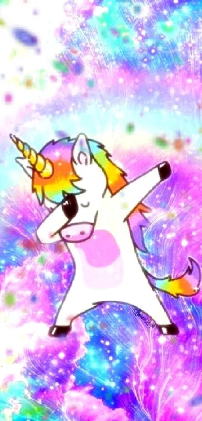 Whimsical dabbing unicorn on a cosmic, rainbow-hued background.