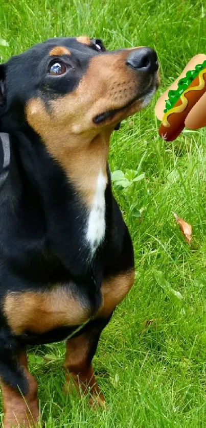 Dachshund playing in lush green grass with a floating hotdog.