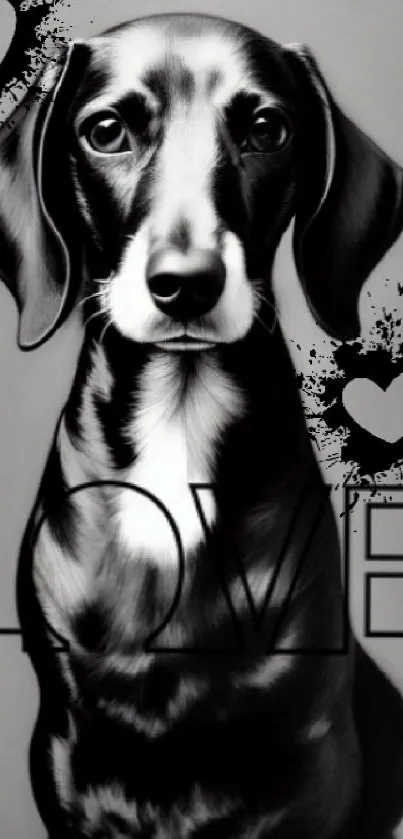 Black and white art of a dachshund with hearts.