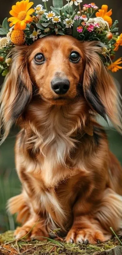 Dachshund wearing a flower crown outdoors.