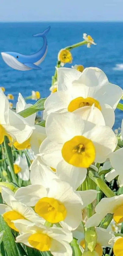 White daffodils with ocean and whale illustration.