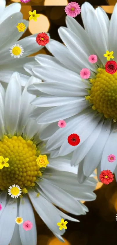 Three white daisies with golden bokeh background.