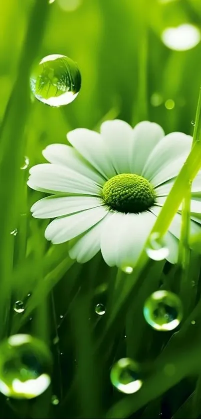 Vibrant daisy with dew on lush green grass wallpaper.