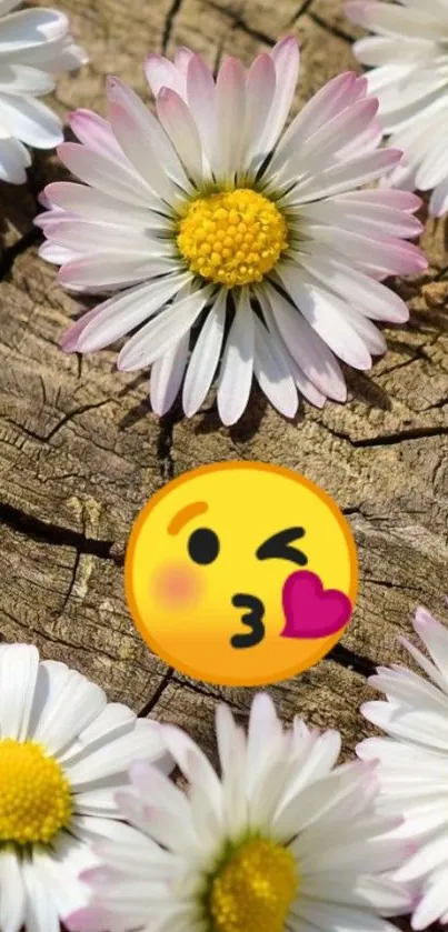 A playful wallpaper with daisies and a kissing emoji on wood.