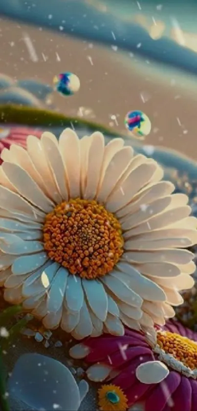 Dreamy daisy beach wallpaper with ocean view.