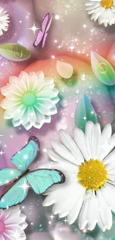 Daisies and butterflies in pastel colors create a dreamy wallpaper.