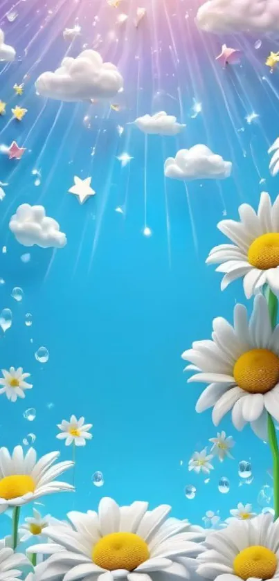 Daisy-themed mobile wallpaper with clouds and stars.