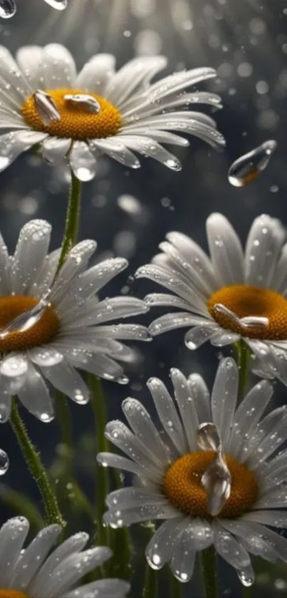 Daisy flowers with dewdrops in soft light.