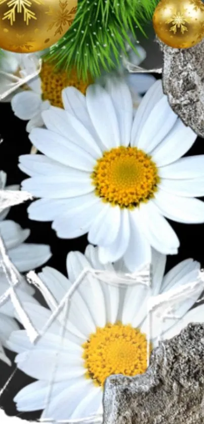 White daisies with Christmas ornaments on a mobile wallpaper.