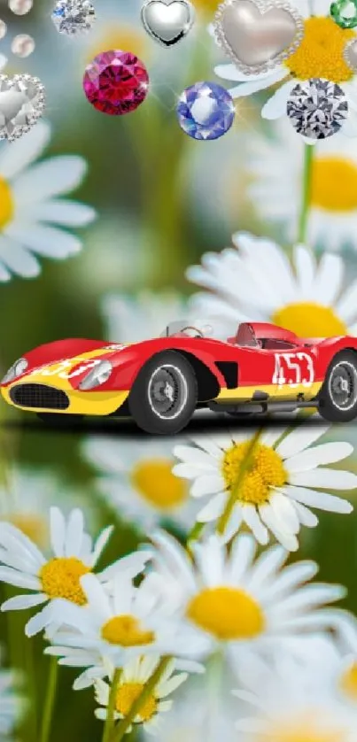 Red car amidst daisies in vibrant wallpaper.