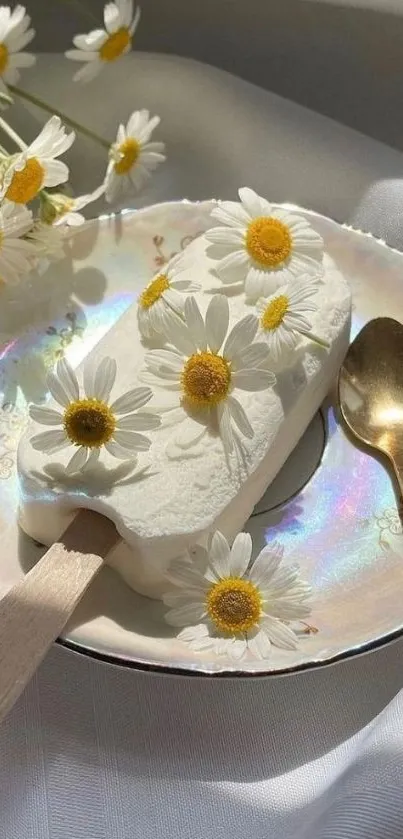 Daisy-decorated ice cream with gold spoon on elegant plate.