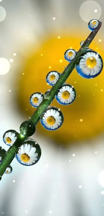 Macro view of daisies reflected in raindrops on a green stem with a blurred yellow daisy.