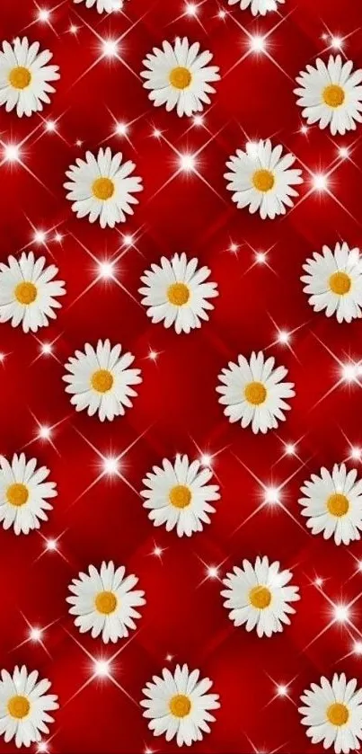 Red background with daisies and sparkles wallpaper.