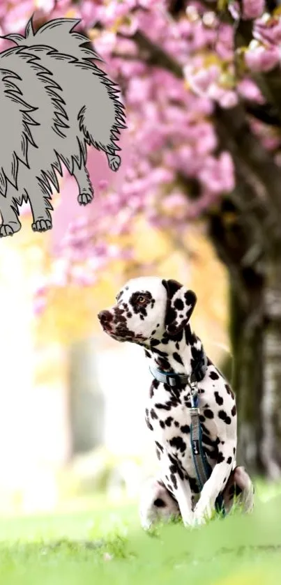 Dalmatian with cartoon dog and pink blossoms in a peaceful setting.