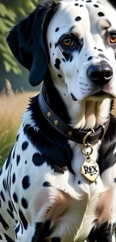 Dalmatian dog with collar in a natural outdoors setting.