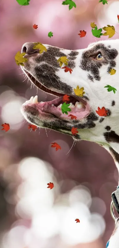 Dalmatian in front of a pink floral background.