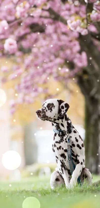 Dalmatian under cherry blossoms, peaceful nature scene.