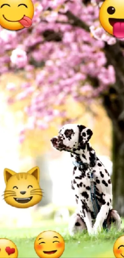 Dalmatian dog with emojis under pink blossoms in spring.