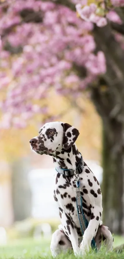 Dalmatian sitting under cherry blossoms in a serene setting.