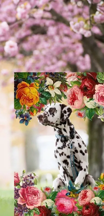 Dalmatian dog sitting in a vibrant floral frame with cherry blossoms.