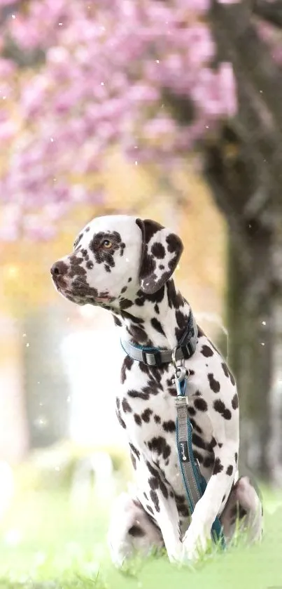 Dalmatian dog sitting under a pink cherry blossom tree.