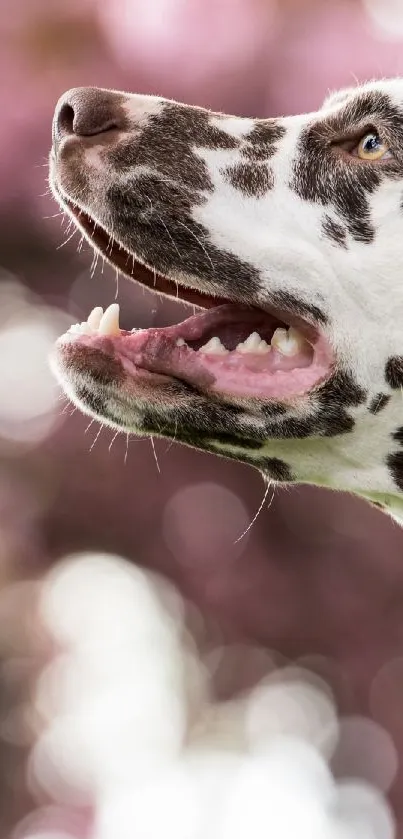 Dalmatian dog with spotted fur and pink nature background.