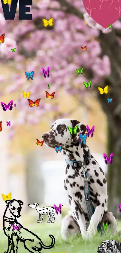 Dalmatian with butterflies in a spring garden.