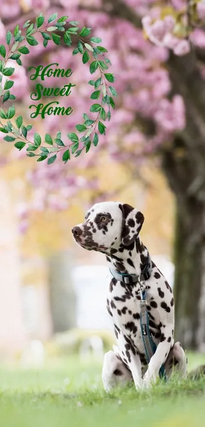 Dalmatian sits under cherry blossoms with 'Home Sweet Home' wreath.